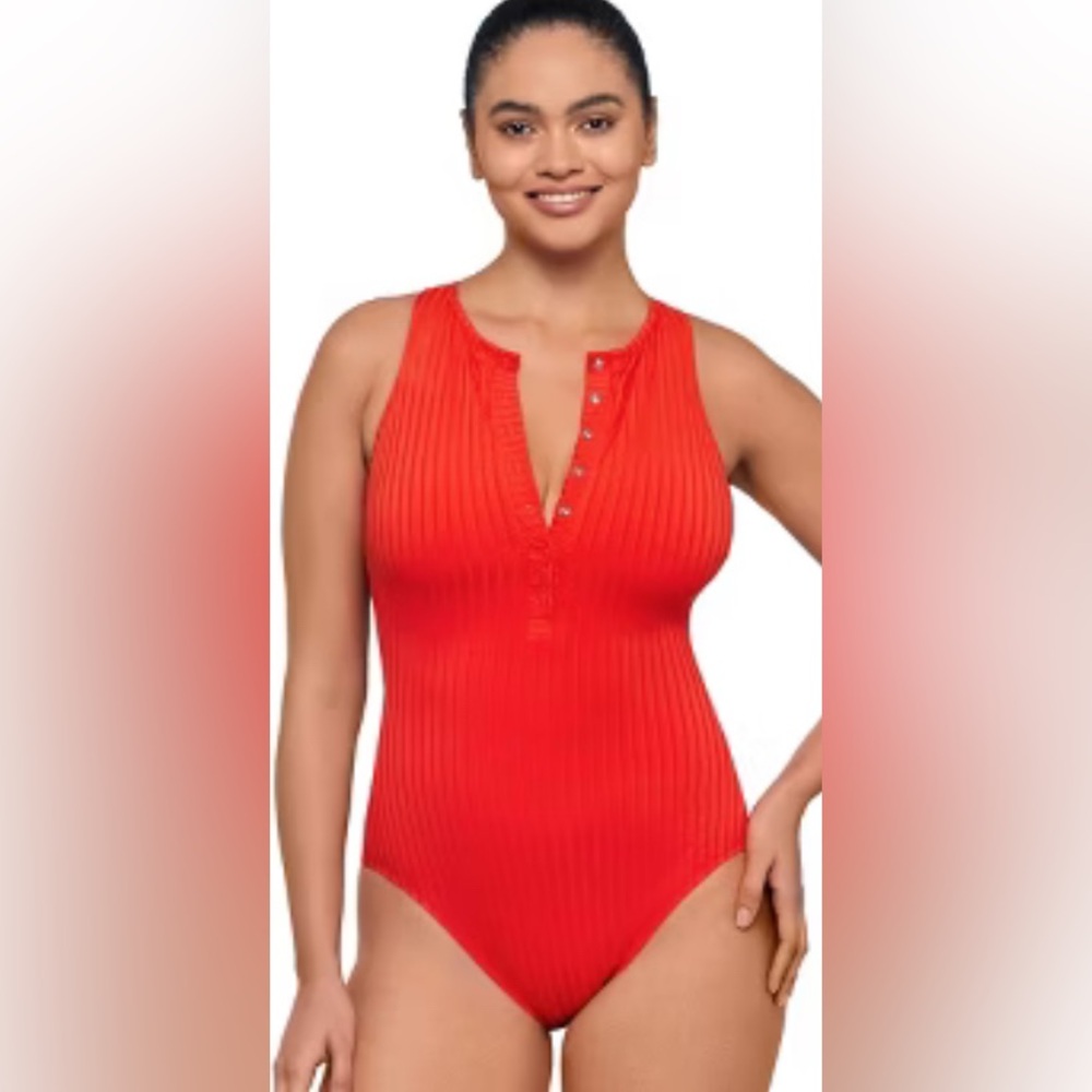 S3 Swim One Piece Red Ribbed Swimsuit, Large